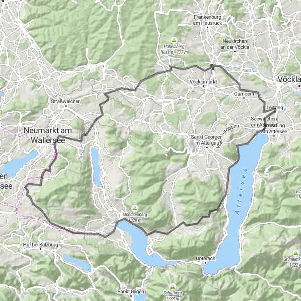 Map miniature of "Mondsee Tour" cycling inspiration in Oberösterreich, Austria. Generated by Tarmacs.app cycling route planner
