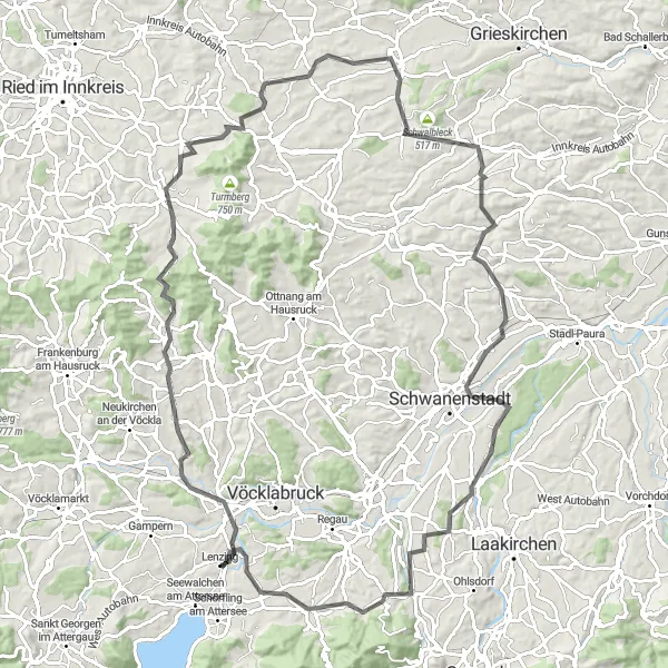Miniatua del mapa de inspiración ciclista "Ruta de colinas y cascadas" en Oberösterreich, Austria. Generado por Tarmacs.app planificador de rutas ciclistas