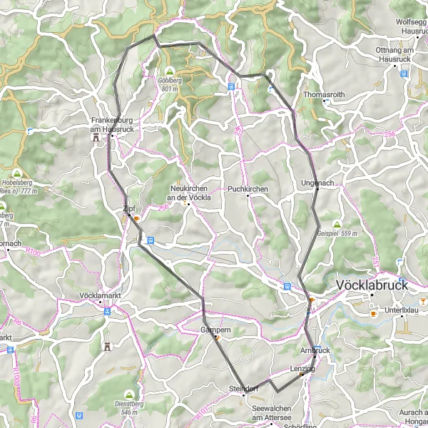 Miniatura della mappa di ispirazione al ciclismo "Giro panoramico intorno a Lenzing" nella regione di Oberösterreich, Austria. Generata da Tarmacs.app, pianificatore di rotte ciclistiche