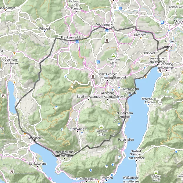 Mapa miniatúra "Okruhová cyklistická trasa cez Nußdorf am Attersee a Zell am Moos" cyklistická inšpirácia v Oberösterreich, Austria. Vygenerované cyklistickým plánovačom trás Tarmacs.app