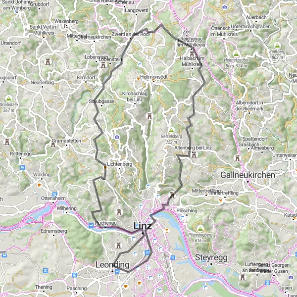 Kartminiatyr av "Oppdag Linz og omegn på sykkel" sykkelinspirasjon i Oberösterreich, Austria. Generert av Tarmacs.app sykkelrutoplanlegger