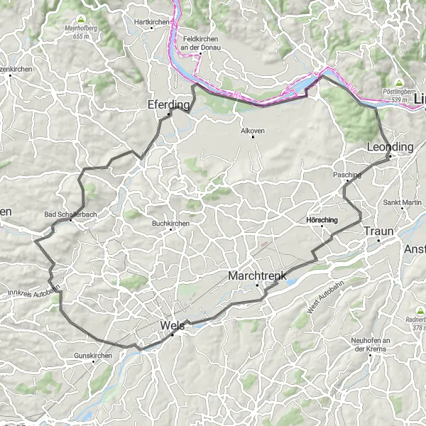 Miniatua del mapa de inspiración ciclista "Ruta de Ciclismo de Carretera de Leonding a Wilhering" en Oberösterreich, Austria. Generado por Tarmacs.app planificador de rutas ciclistas