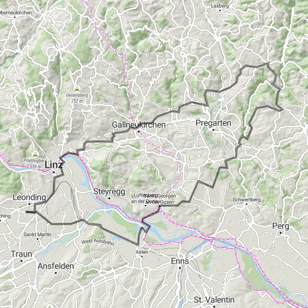 Karttaminiaatyyri "Linzin linna-kierros" pyöräilyinspiraatiosta alueella Oberösterreich, Austria. Luotu Tarmacs.app pyöräilyreittisuunnittelijalla