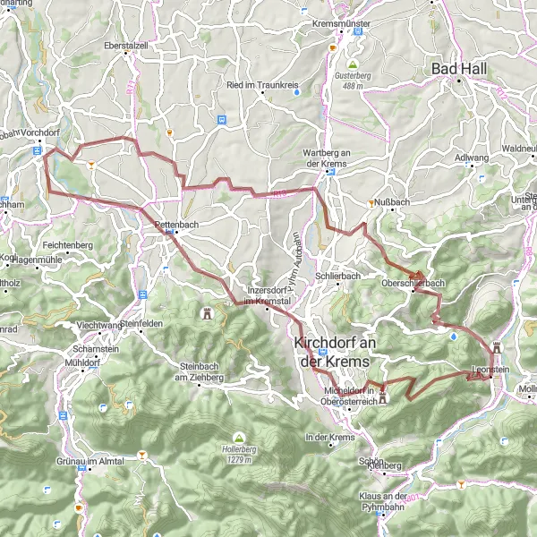 Zemljevid v pomanjšavi "Kolesarska pot okoli Leonsteina - Makadamska pustolovščina" kolesarske inspiracije v Oberösterreich, Austria. Generirano z načrtovalcem kolesarskih poti Tarmacs.app