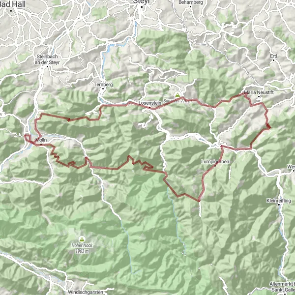 Map miniature of "Ultimate Gravel Challenge: Mountains and Valleys" cycling inspiration in Oberösterreich, Austria. Generated by Tarmacs.app cycling route planner