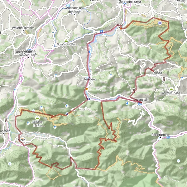 Miniatura della mappa di ispirazione al ciclismo "Gravel Cycling Adventure near Leonstein" nella regione di Oberösterreich, Austria. Generata da Tarmacs.app, pianificatore di rotte ciclistiche