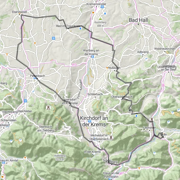 Karttaminiaatyyri "Road Cycling Adventure in Oberösterreich" pyöräilyinspiraatiosta alueella Oberösterreich, Austria. Luotu Tarmacs.app pyöräilyreittisuunnittelijalla