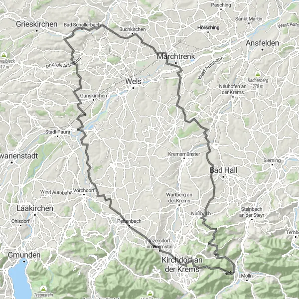 Map miniature of "Magdalenaberg Loop" cycling inspiration in Oberösterreich, Austria. Generated by Tarmacs.app cycling route planner