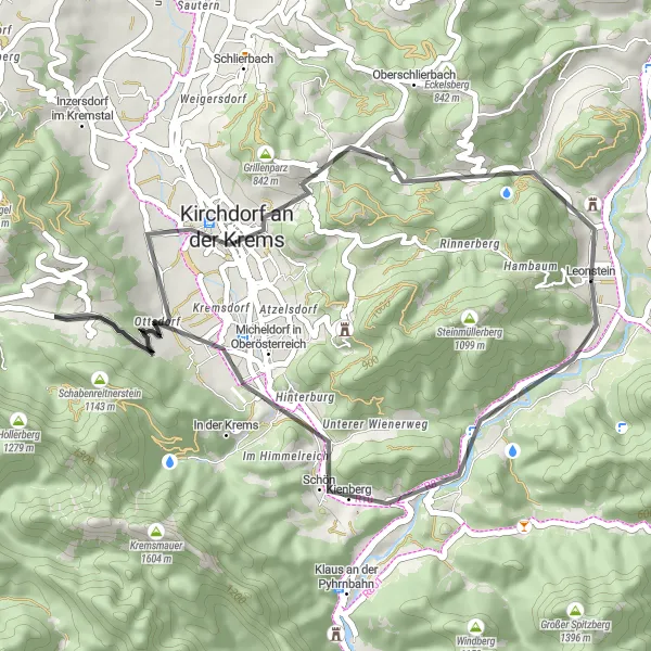 Miniatuurkaart van de fietsinspiratie "Wegenrit naar Burgruine Leonstein" in Oberösterreich, Austria. Gemaakt door de Tarmacs.app fietsrouteplanner