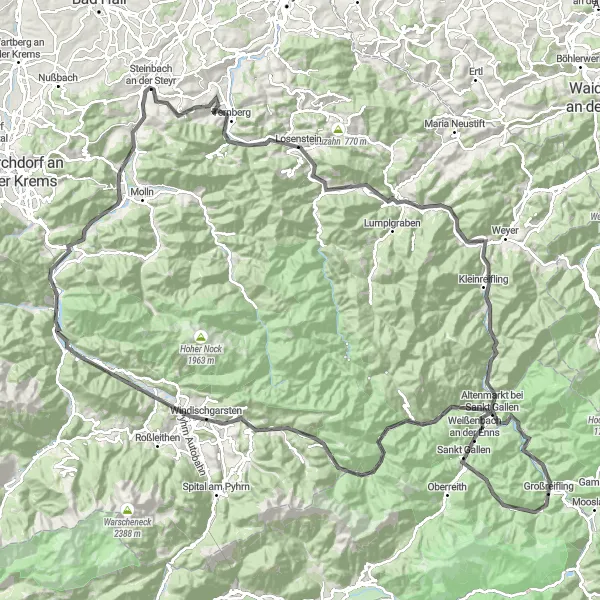 Miniatua del mapa de inspiración ciclista "Gran recorrido por carretera hacia Leonstein" en Oberösterreich, Austria. Generado por Tarmacs.app planificador de rutas ciclistas