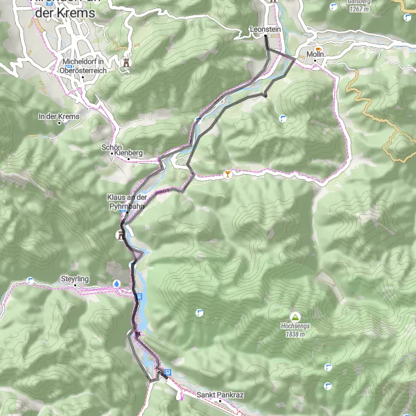 Zemljevid v pomanjšavi "Krožna cestna pot od blizu Leonsteina" kolesarske inspiracije v Oberösterreich, Austria. Generirano z načrtovalcem kolesarskih poti Tarmacs.app