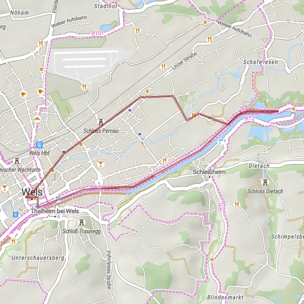 Miniaturní mapa "Short Gravel Loop to Wels" inspirace pro cyklisty v oblasti Oberösterreich, Austria. Vytvořeno pomocí plánovače tras Tarmacs.app