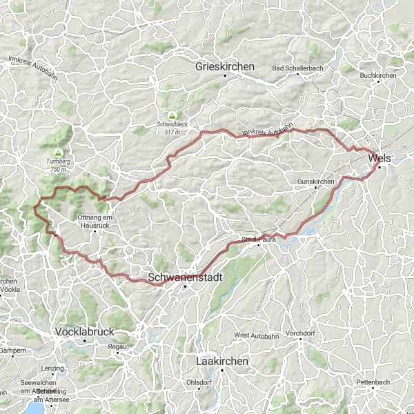 Miniaturekort af cykelinspirationen "Grusvejscykling til Wels via Irrachhöhe" i Oberösterreich, Austria. Genereret af Tarmacs.app cykelruteplanlægger