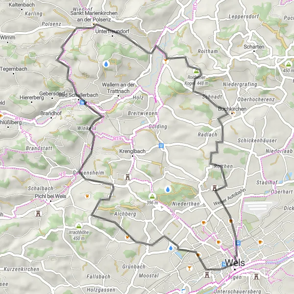 Miniatura della mappa di ispirazione al ciclismo "Giro in bicicletta Ledererturm - Wels" nella regione di Oberösterreich, Austria. Generata da Tarmacs.app, pianificatore di rotte ciclistiche