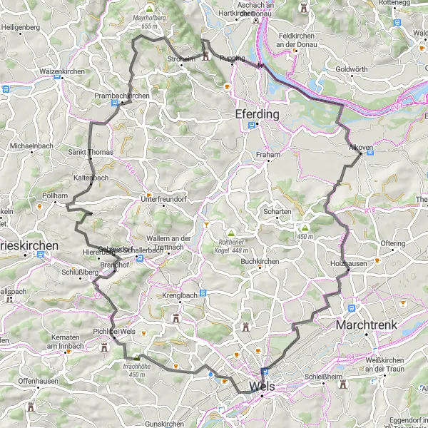 Miniaturní mapa "Přes les a pole" inspirace pro cyklisty v oblasti Oberösterreich, Austria. Vytvořeno pomocí plánovače tras Tarmacs.app