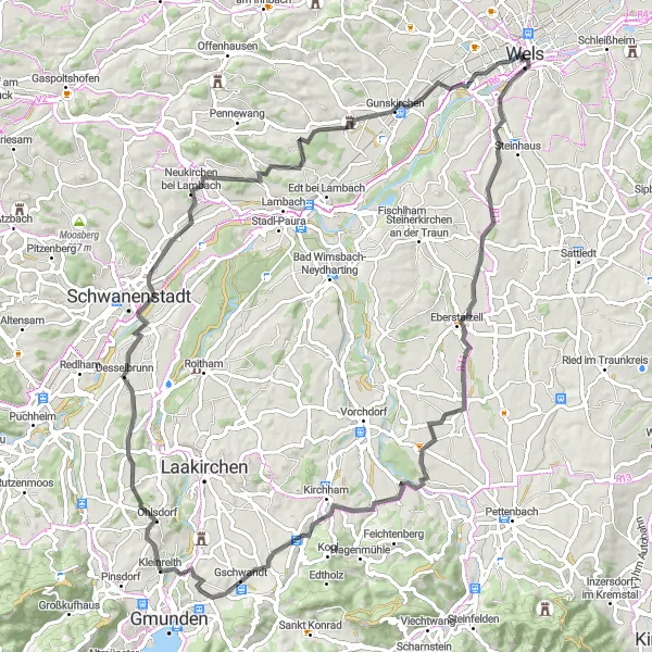 Miniatura della mappa di ispirazione al ciclismo "Rotta Panoramica tra Ledererturm e Lichtenegg" nella regione di Oberösterreich, Austria. Generata da Tarmacs.app, pianificatore di rotte ciclistiche