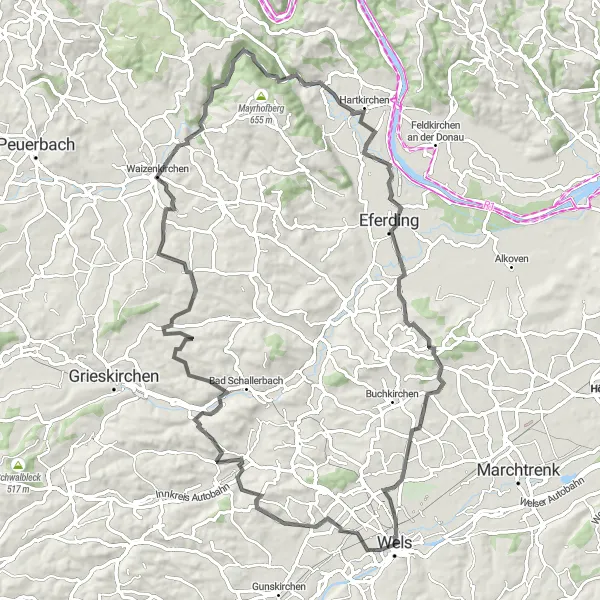 Miniatura della mappa di ispirazione al ciclismo "Cicloturismo da Lichtenegg a Wels" nella regione di Oberösterreich, Austria. Generata da Tarmacs.app, pianificatore di rotte ciclistiche