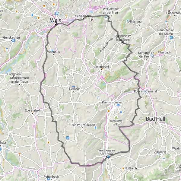 Miniatura della mappa di ispirazione al ciclismo "Rotta ciclabile Ledererturm - Wels" nella regione di Oberösterreich, Austria. Generata da Tarmacs.app, pianificatore di rotte ciclistiche