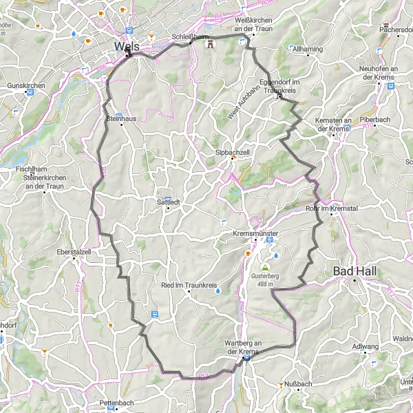 Zemljevid v pomanjšavi "Krožna cestna kolesarska pot okoli Lichtenegga" kolesarske inspiracije v Oberösterreich, Austria. Generirano z načrtovalcem kolesarskih poti Tarmacs.app