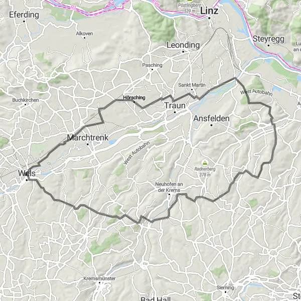 Miniatua del mapa de inspiración ciclista "Ruta de ciclismo de 79 km en carretera cerca de Lichtenegg" en Oberösterreich, Austria. Generado por Tarmacs.app planificador de rutas ciclistas