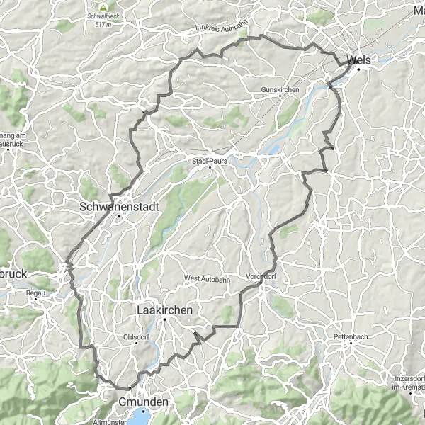 Miniatua del mapa de inspiración ciclista "Ruta de ciclismo de 99 km en carretera desde Lichtenegg" en Oberösterreich, Austria. Generado por Tarmacs.app planificador de rutas ciclistas