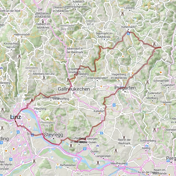 Miniaturní mapa "Kolem Ars Electronica Futurelab" inspirace pro cyklisty v oblasti Oberösterreich, Austria. Vytvořeno pomocí plánovače tras Tarmacs.app