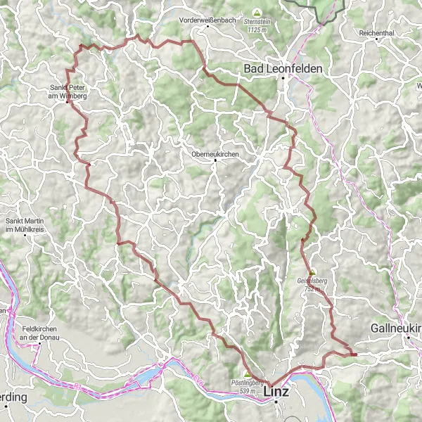Miniatura della mappa di ispirazione al ciclismo "Avventura lungo la strada panoramica di Linz" nella regione di Oberösterreich, Austria. Generata da Tarmacs.app, pianificatore di rotte ciclistiche