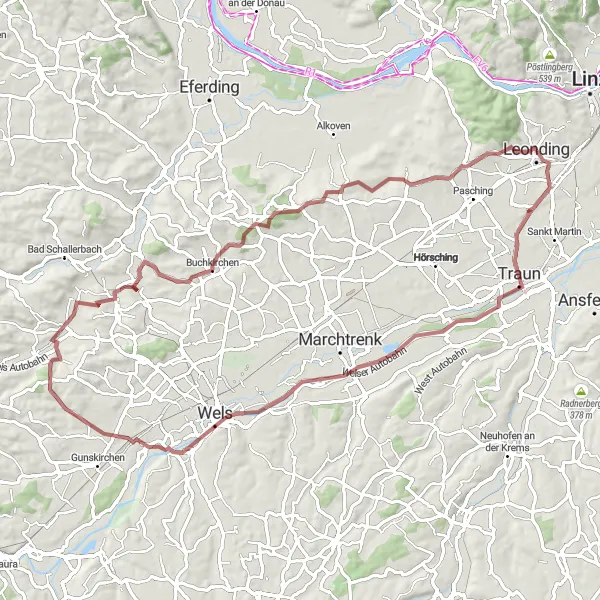 Miniatura della mappa di ispirazione al ciclismo "Giro in bicicletta tra le colline di Linz" nella regione di Oberösterreich, Austria. Generata da Tarmacs.app, pianificatore di rotte ciclistiche