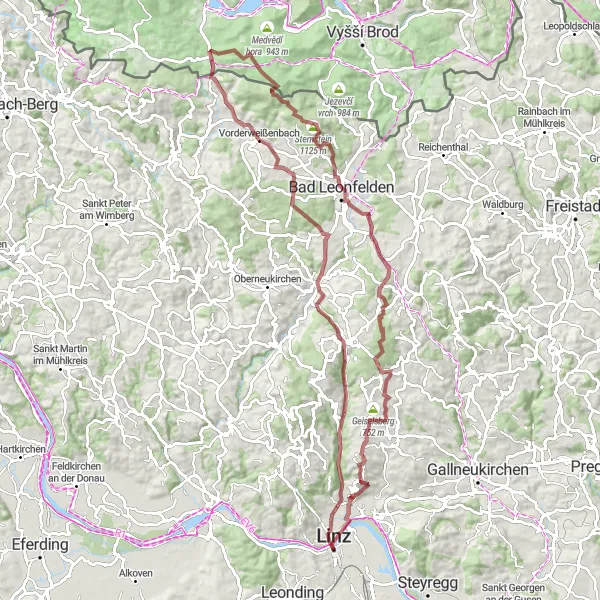 Miniatua del mapa de inspiración ciclista "Ruta de grava a Zwettl an der Rodl" en Oberösterreich, Austria. Generado por Tarmacs.app planificador de rutas ciclistas