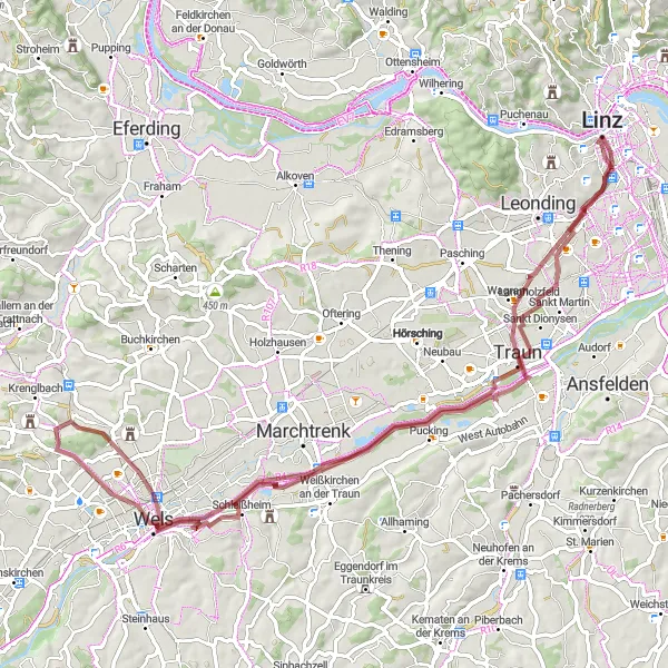 Miniatura della mappa di ispirazione al ciclismo "Esplorazione in bicicletta nel cuore di Linz" nella regione di Oberösterreich, Austria. Generata da Tarmacs.app, pianificatore di rotte ciclistiche