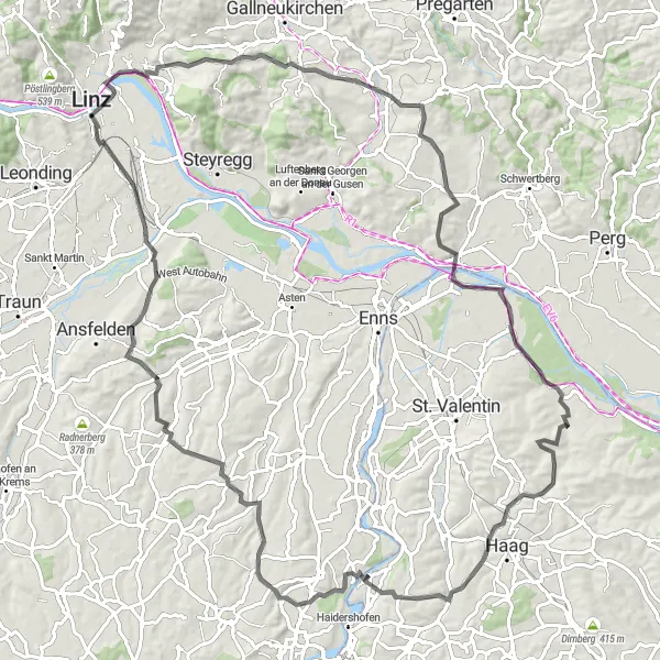 Zemljevid v pomanjšavi "Tranquil road cycling route from Linz to Hofkirchen im Traunkreis" kolesarske inspiracije v Oberösterreich, Austria. Generirano z načrtovalcem kolesarskih poti Tarmacs.app