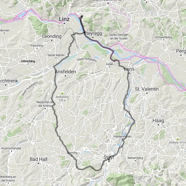 Zemljevid v pomanjšavi "Idyllic road cycling journey from Linz to Steyr" kolesarske inspiracije v Oberösterreich, Austria. Generirano z načrtovalcem kolesarskih poti Tarmacs.app
