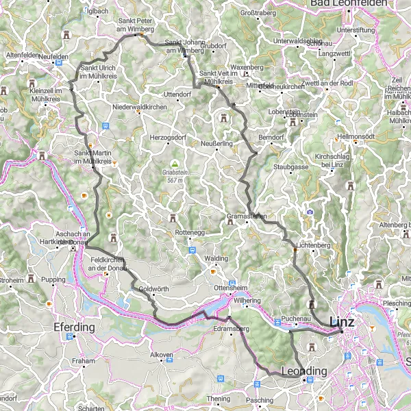 Zemljevid v pomanjšavi "Road Route Goldwörth - Linz Castle - Sankt Johann am Wimberg" kolesarske inspiracije v Oberösterreich, Austria. Generirano z načrtovalcem kolesarskih poti Tarmacs.app