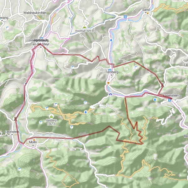 Miniature de la carte de l'inspiration cycliste "Le sentier de gravier de Burg Losenstein à Jochberg" dans la Oberösterreich, Austria. Générée par le planificateur d'itinéraire cycliste Tarmacs.app