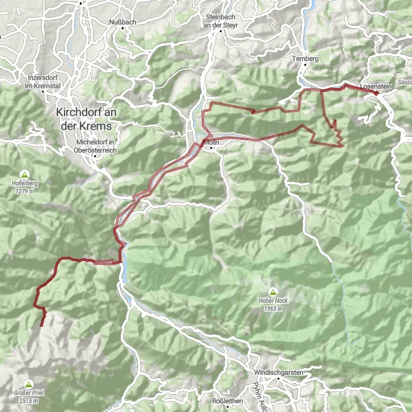 Miniatua del mapa de inspiración ciclista "Aventura en Grava desde Losenstein a Gaisberg" en Oberösterreich, Austria. Generado por Tarmacs.app planificador de rutas ciclistas