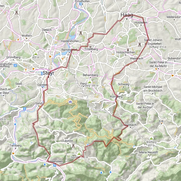 Mapa miniatúra "Gravel Through Losenstein Mountains" cyklistická inšpirácia v Oberösterreich, Austria. Vygenerované cyklistickým plánovačom trás Tarmacs.app