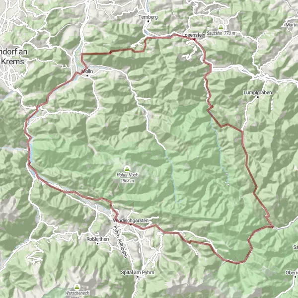 Zemljevid v pomanjšavi "Off-road avantura blizu Losensteina" kolesarske inspiracije v Oberösterreich, Austria. Generirano z načrtovalcem kolesarskih poti Tarmacs.app