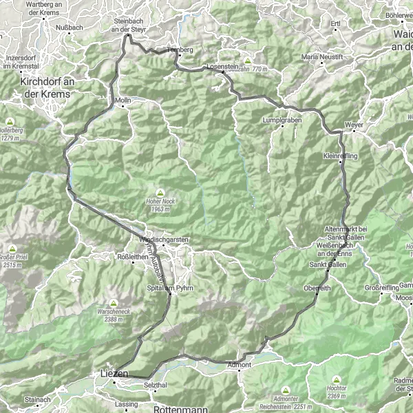Miniatura della mappa di ispirazione al ciclismo "Avventura su Strada da Reichraming a Liezen" nella regione di Oberösterreich, Austria. Generata da Tarmacs.app, pianificatore di rotte ciclistiche
