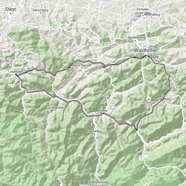 Karten-Miniaturansicht der Radinspiration "Rundfahrt von Losenstein: Herausfordernde Straßenroute" in Oberösterreich, Austria. Erstellt vom Tarmacs.app-Routenplaner für Radtouren