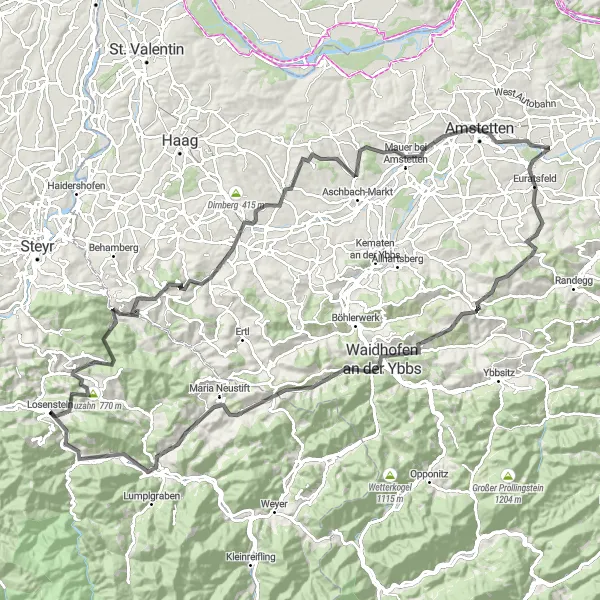 Zemljevid v pomanjšavi "Raznolika kolesarska pot čez Oberösterreich" kolesarske inspiracije v Oberösterreich, Austria. Generirano z načrtovalcem kolesarskih poti Tarmacs.app