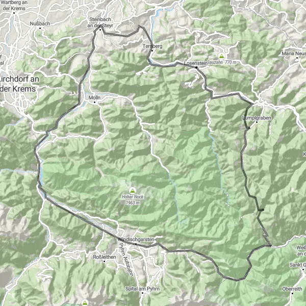Miniature de la carte de l'inspiration cycliste "Défi des montagnes de Pyhrn-Priel" dans la Oberösterreich, Austria. Générée par le planificateur d'itinéraire cycliste Tarmacs.app