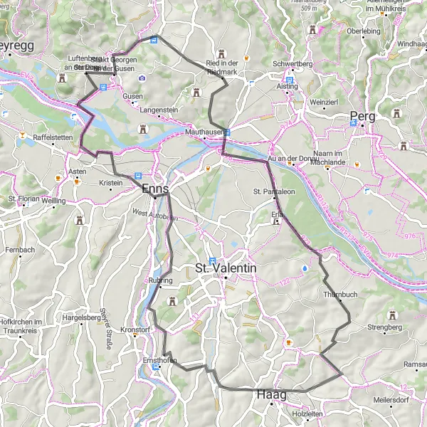 Miniatua del mapa de inspiración ciclista "Aventura ciclista por Erla y más allá" en Oberösterreich, Austria. Generado por Tarmacs.app planificador de rutas ciclistas
