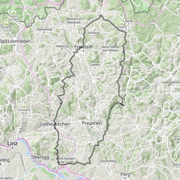 Miniature de la carte de l'inspiration cycliste "Parcours des Montagnes de l'Est" dans la Oberösterreich, Austria. Générée par le planificateur d'itinéraire cycliste Tarmacs.app