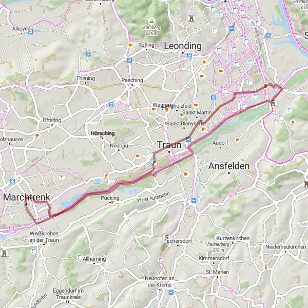 Karttaminiaatyyri "Linna ja joki" pyöräilyinspiraatiosta alueella Oberösterreich, Austria. Luotu Tarmacs.app pyöräilyreittisuunnittelijalla