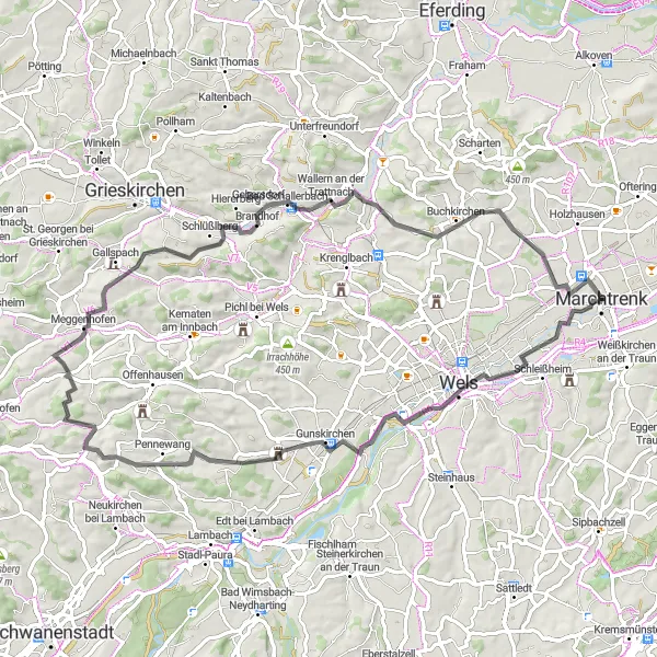 Kartminiatyr av "Rundtur til Thalheim bei Wels og Bad Schallerbach" sykkelinspirasjon i Oberösterreich, Austria. Generert av Tarmacs.app sykkelrutoplanlegger