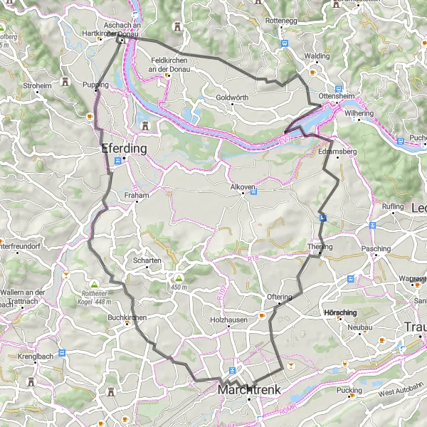 Zemljevid v pomanjšavi "Pitoreskna kolesarska pot od Buchkirchna do Ofteringa" kolesarske inspiracije v Oberösterreich, Austria. Generirano z načrtovalcem kolesarskih poti Tarmacs.app