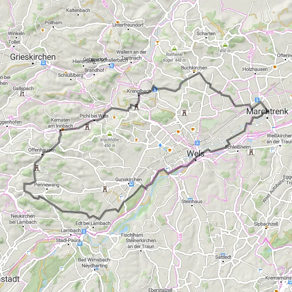 Miniaturní mapa "Cyklistická trasa po silnici kolem Marchtrenku" inspirace pro cyklisty v oblasti Oberösterreich, Austria. Vytvořeno pomocí plánovače tras Tarmacs.app