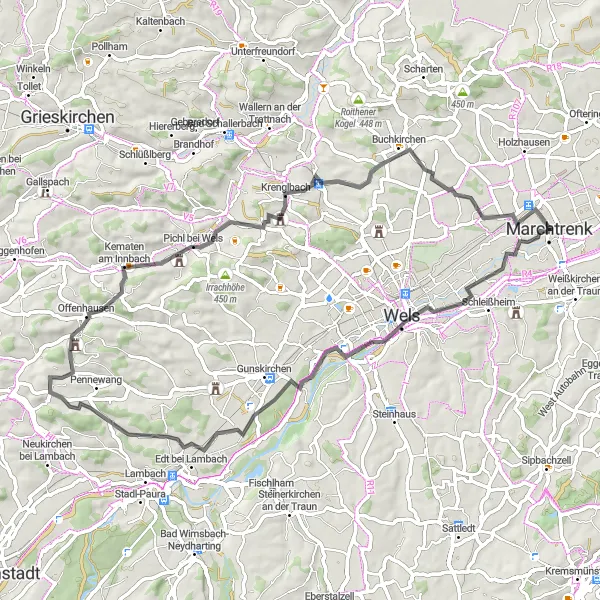 Map miniature of "Wels Loop" cycling inspiration in Oberösterreich, Austria. Generated by Tarmacs.app cycling route planner