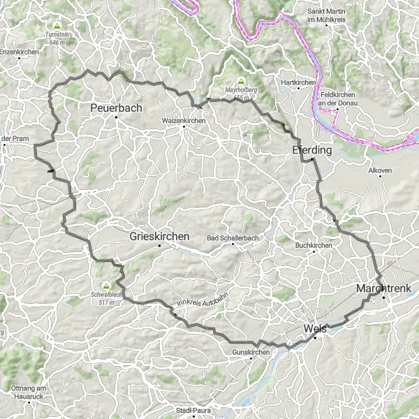 Miniature de la carte de l'inspiration cycliste "Aventure à travers la campagne d'Oberösterreich" dans la Oberösterreich, Austria. Générée par le planificateur d'itinéraire cycliste Tarmacs.app