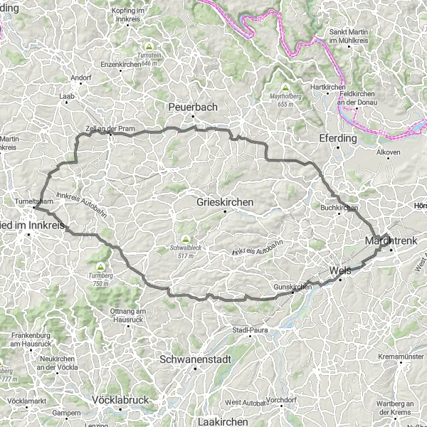 Karttaminiaatyyri "Wels ja Andrichsfurt Road Cycling Route" pyöräilyinspiraatiosta alueella Oberösterreich, Austria. Luotu Tarmacs.app pyöräilyreittisuunnittelijalla